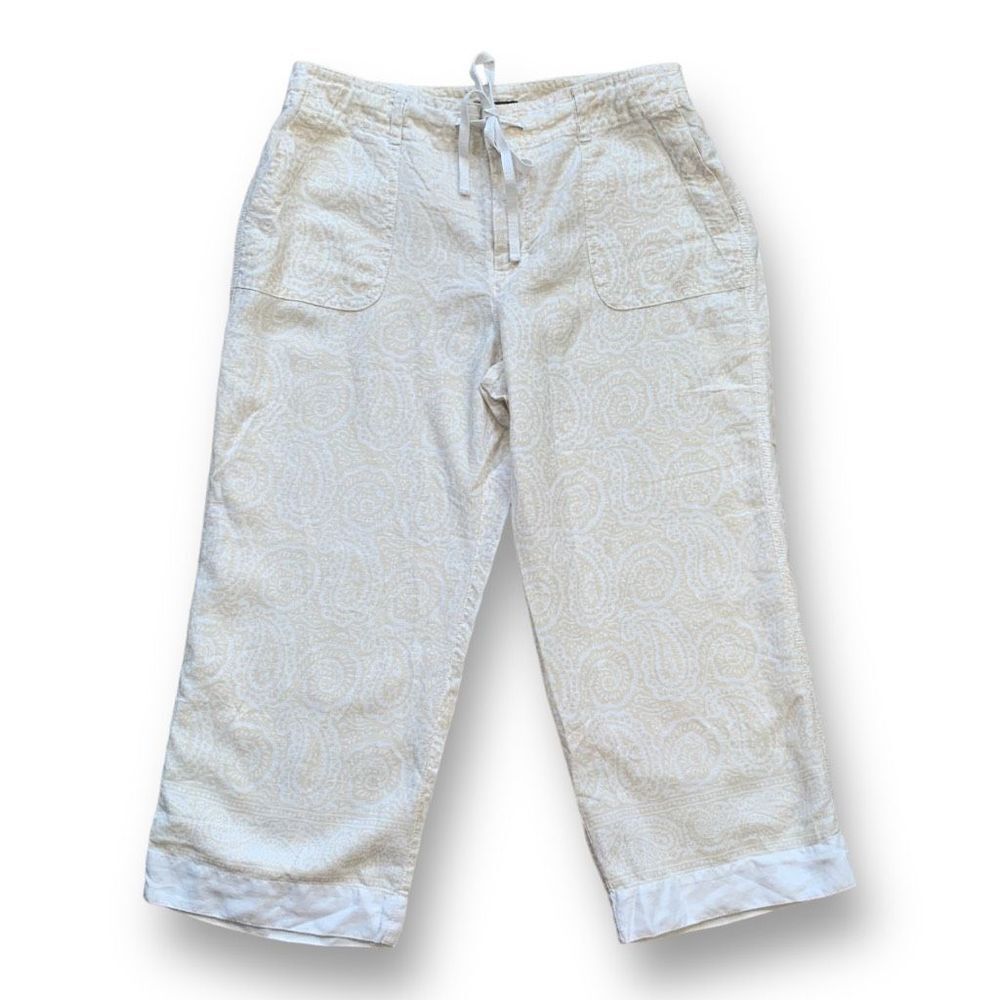 Liz‎ Claiborne Michaela Pants Cropped Tan Cream Lightweight Linen Paisley Print